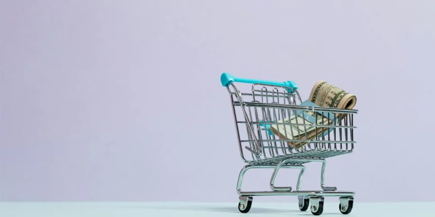 Carrello della spesa miniatura con banconote arrotolate, simbolo di risorse economiche