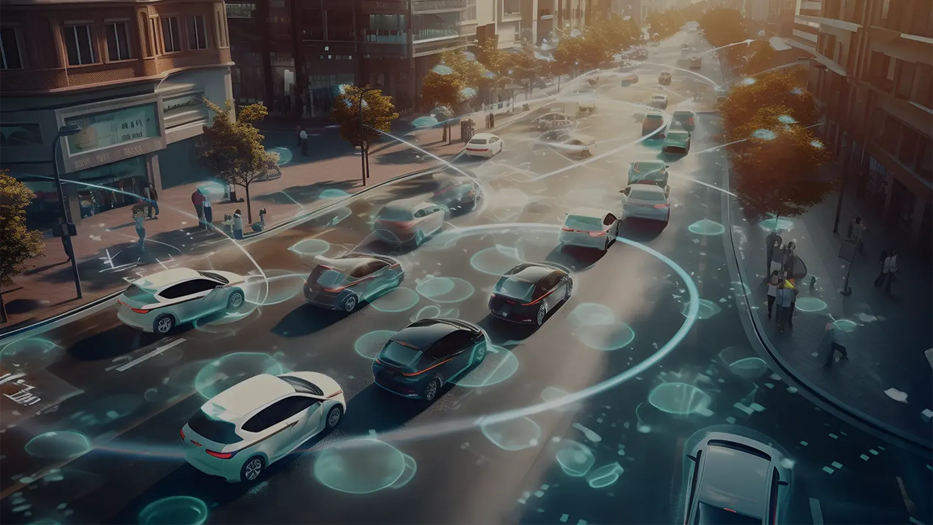 L'immagine mostra una scena urbana con veicoli in movimento sulla strada, sopra la quale sono visibili delle linee digitali e delle icone che rappresentano il flusso di dati. Questa rappresentazione simboleggia le auto connesse in un ambiente urbano intelligente, in cui la tecnologia dell'Internet of Things (IoT) permette una gestione avanzata del traffico e dei veicoli.