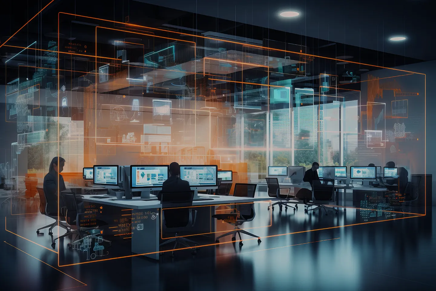 Gruppo di persone che lavorano in un ufficio, utilizzando computer per discutere di automazione e intelligenza artificiale