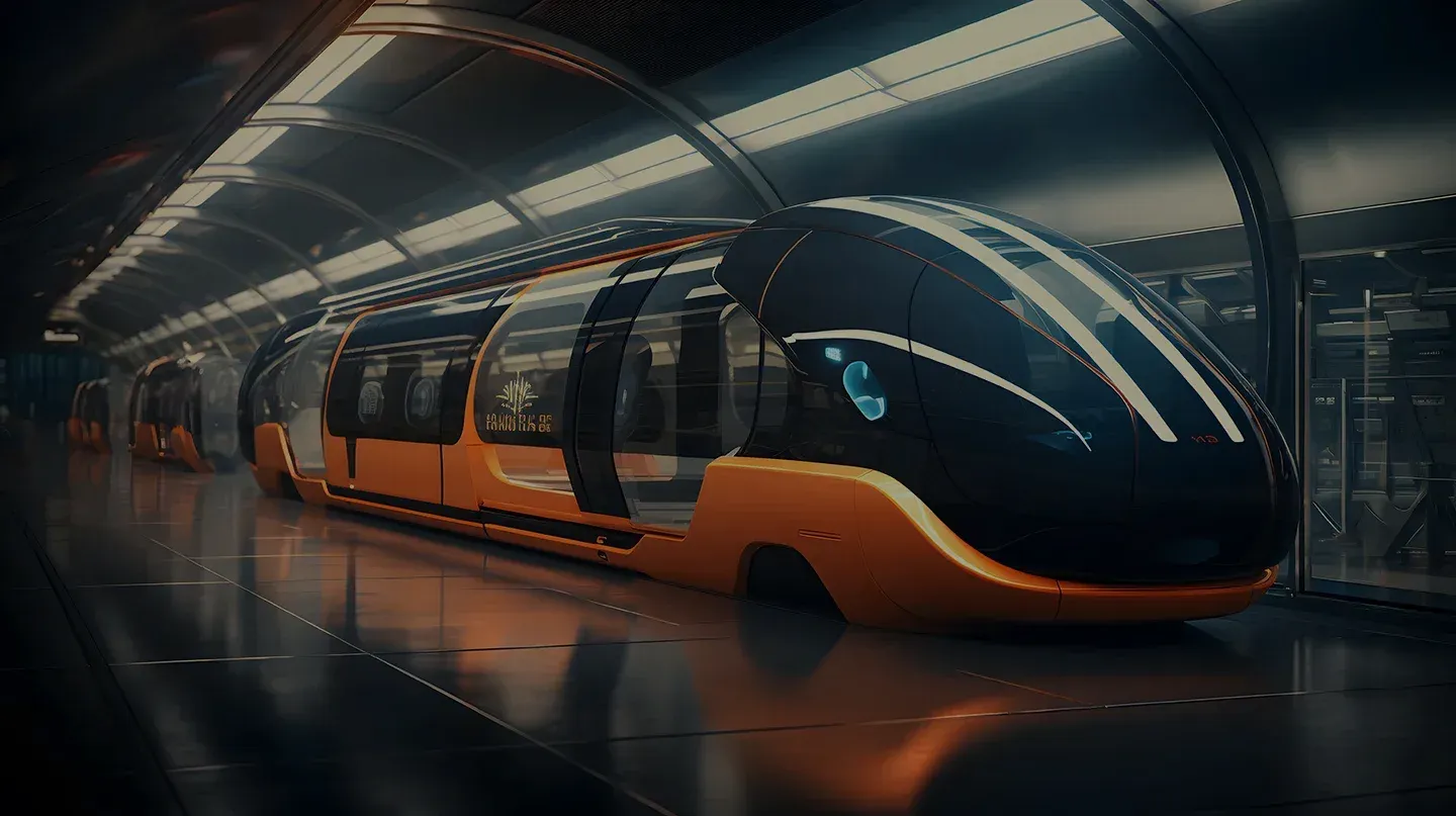 L'immagine mostra un moderno veicolo di trasporto, probabilmente un sistema di metropolitana o un treno futuristico, all'interno di una stazione sotterranea. Il design del veicolo è elegante, con una combinazione di colori arancione e nero. Questo tipo di trasporto potrebbe rappresentare il futuro della mobilità urbana, caratterizzato da veicoli autonomi e tecnologicamente avanzati, che potrebbero essere comuni tra dieci anni.