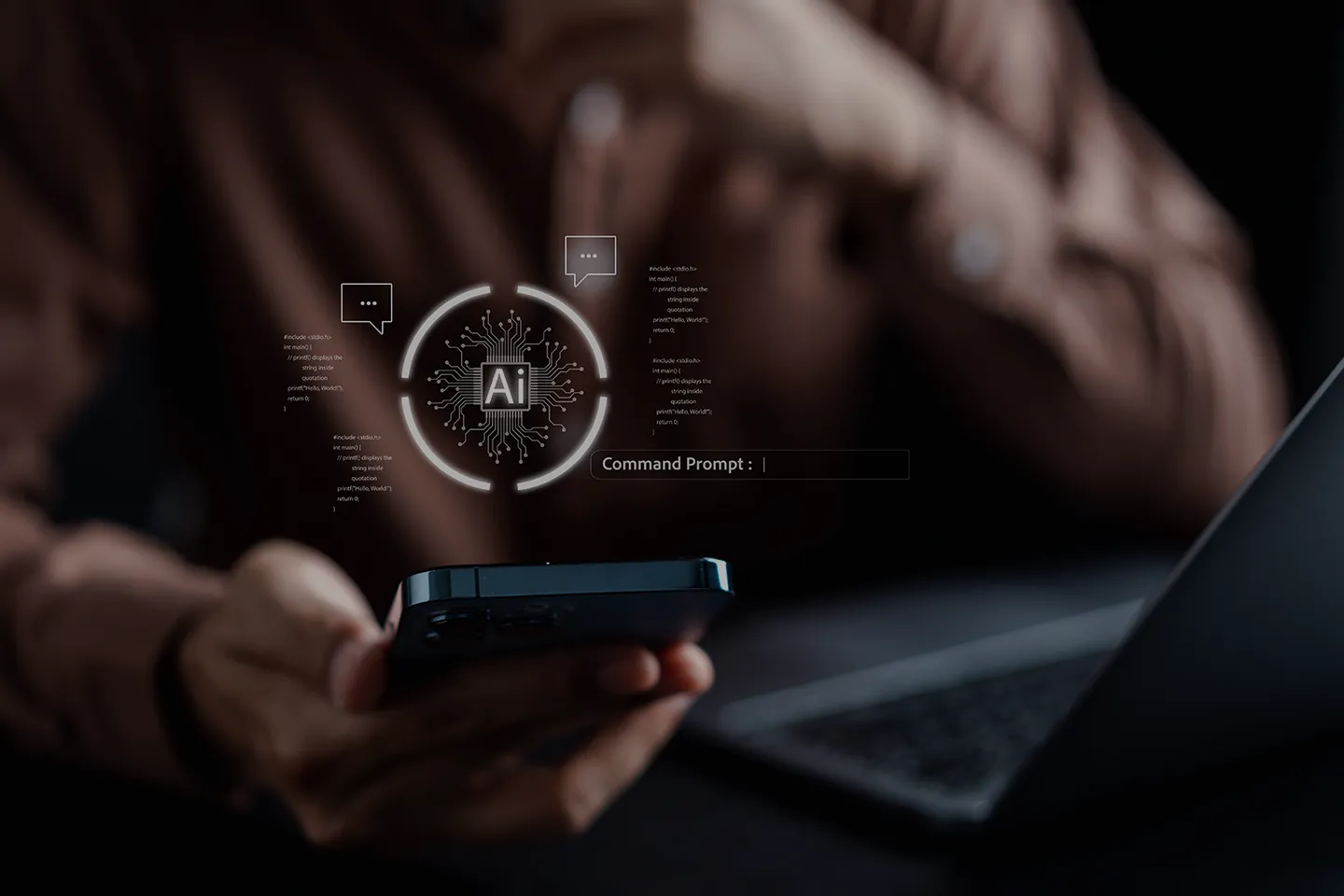 Uomo con uno smartphone e un laptop, mostrando un'interfaccia digitale