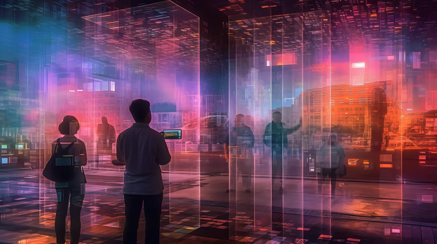 Persone in uno spazio futuristico immersivo, circondate da pannelli trasparenti illuminati da luci digitali colorate. I riflessi di edifici e figure umane creano un effetto di realtà aumentata o virtuale, con un’atmosfera high-tech in tonalità di blu, viola e arancione.