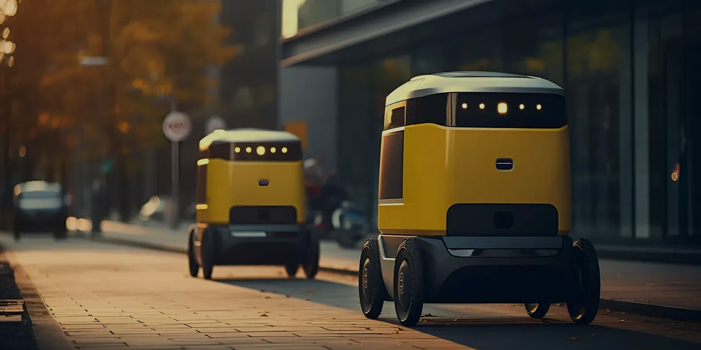 L'immagine mostra due robot autonomi a quattro ruote in movimento su una strada cittadina, con un ambiente urbano che include edifici e segnaletiche. Questi robot gialli, progettati per la consegna autonoma, simboleggiano il concetto di "Smart Mobility", un sistema di trasporti intelligente e automatizzato che sfrutta tecnologie avanzate come l'intelligenza artificiale e la connettività per migliorare l'efficienza e la sostenibilità nella mobilità urbana.