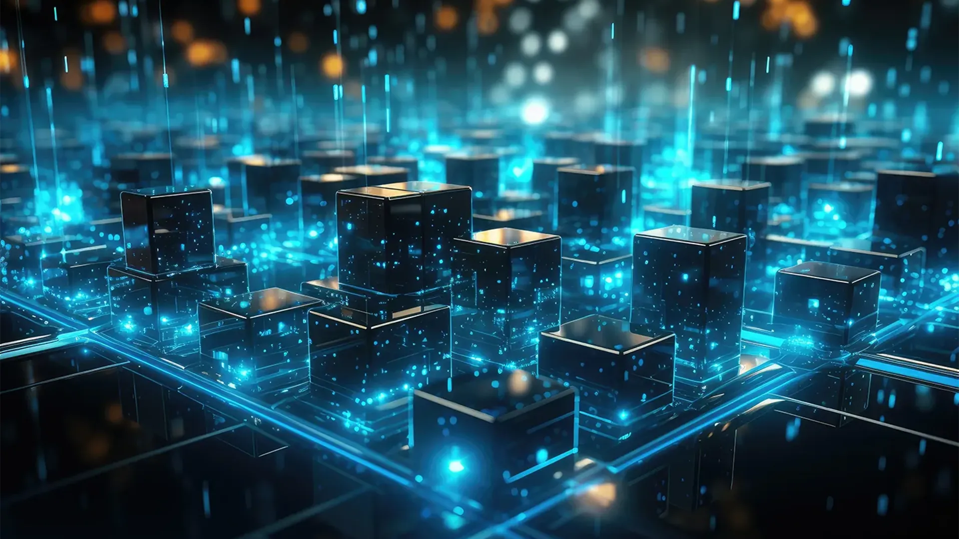 Una grande sala piena di computer, illuminata dolcemente da luce artificiale, che crea un'atmosfera notturna.