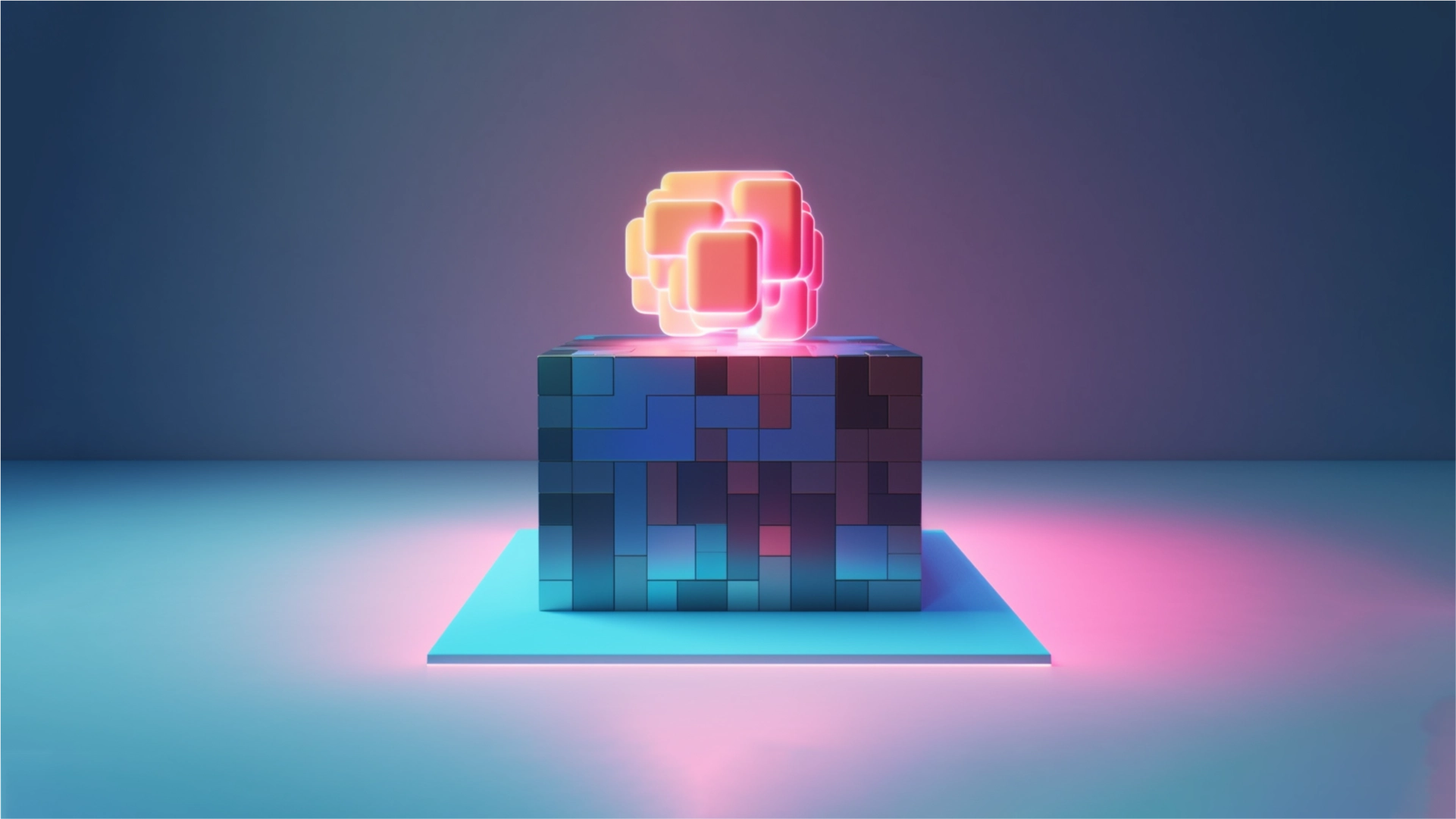 Illustrazione futuristica con un cubo scuro e geometrico su una base illuminata. Sopra il cubo fluttua una struttura luminosa composta da forme quadrate e arrotondate, con colori accesi rosa e arancione, creando un contrasto con lo sfondo blu e viola.