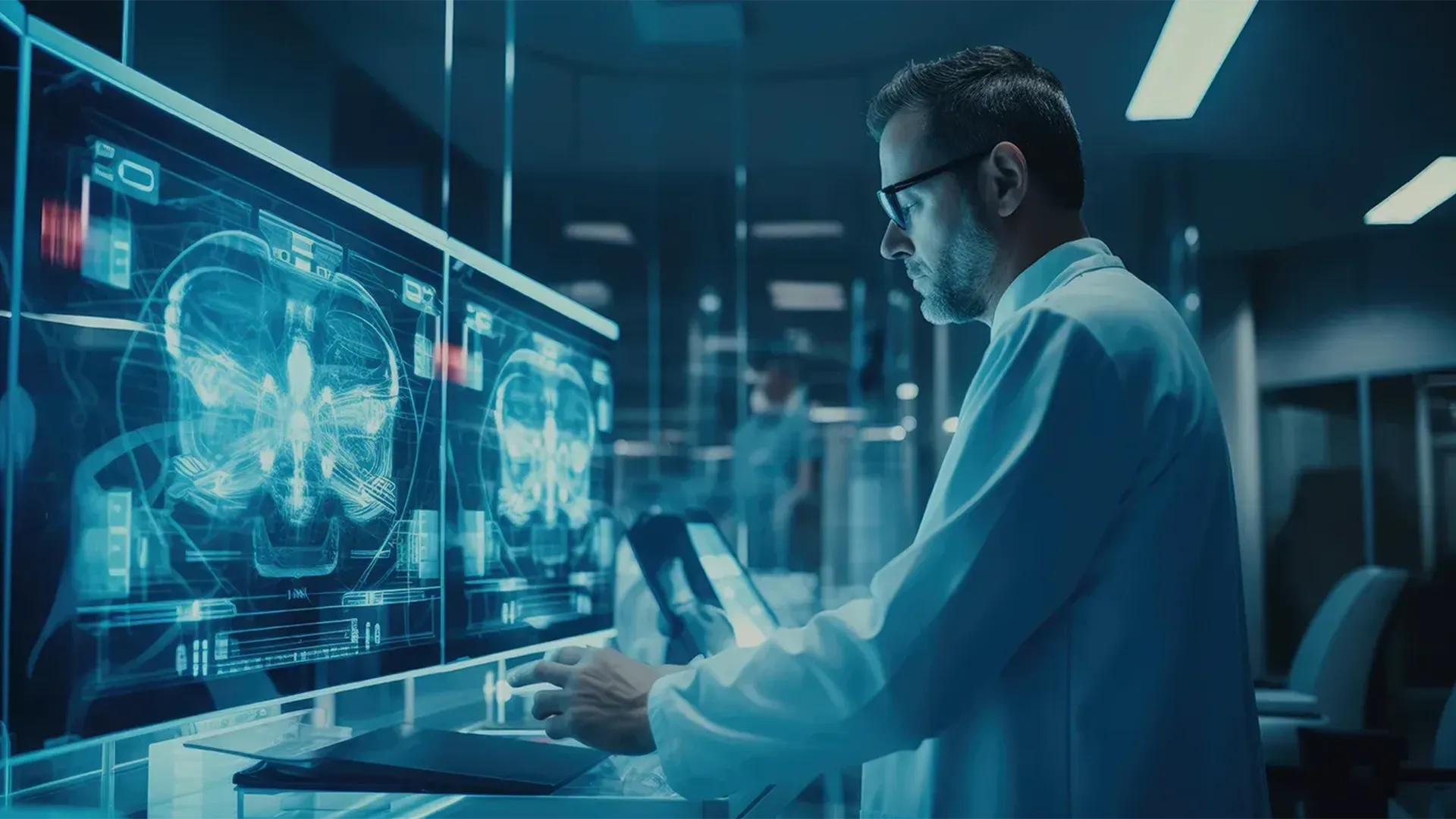 Un medico analizza immagini diagnostiche su un computer a schermo largo, all'interno di un ambiente sanitario moderno e illuminato, utilizzando una workstation con due monitor.