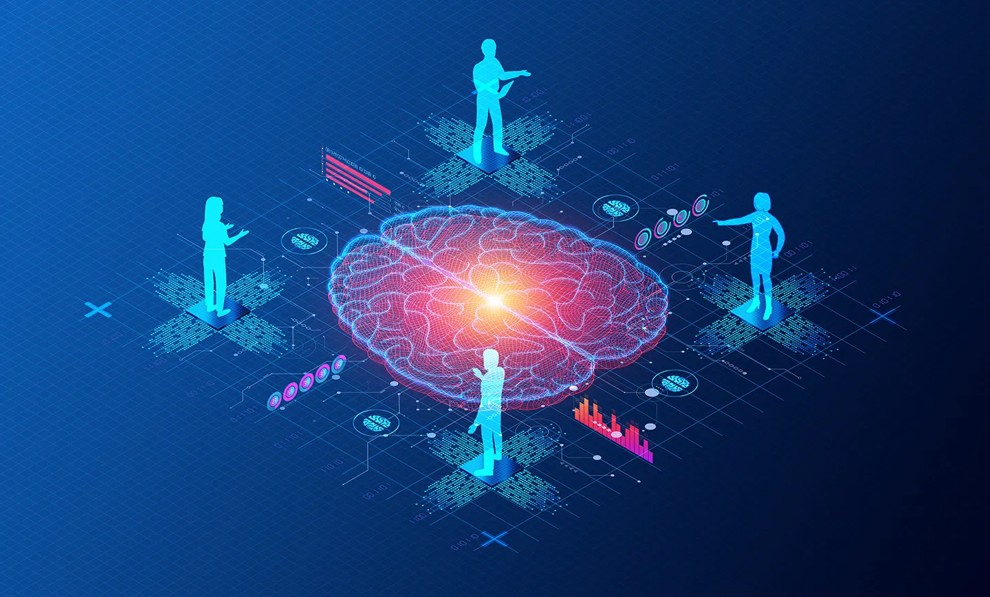 L'immagine mostra un'illustrazione digitale che rappresenta l'interazione tra la tecnologia, i dati e l'intelligenza artificiale. Al centro, si trova un cervello digitale, simbolo di processi cognitivi e analisi, circondato da figure umane stilizzate che interagiscono con grafici e simboli di dati. Il design futuristico e colorato simboleggia una piattaforma telematica avanzata che gestisce e analizza la mobilità e i dati, suggerendo il futuro delle interazioni uomo-tecnologia nell'ambito della gestione e analisi delle informazioni.