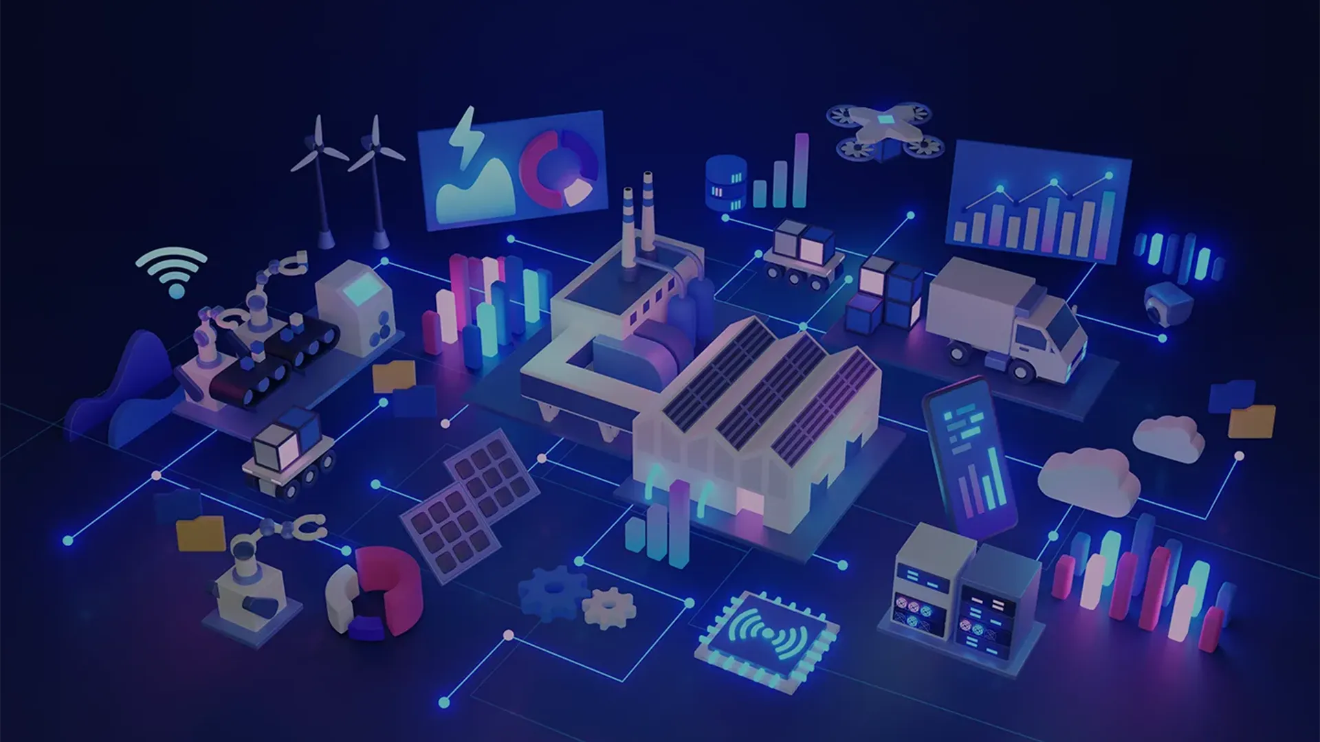 L'immagine presenta una rappresentazione grafica stilizzata del concetto di Industria 4.0 e IoT (Internet of Things) applicato alla manifattura. In primo piano, vediamo diverse icone e oggetti 3D, tra cui un'industria con pannelli solari, un camion, un drone, e robot industriali. Alcuni grafici e diagrammi digitali mostrano analisi dei dati e performance, mentre altri elementi come ingranaggi, sensori, e dispositivi IoT sono connessi da linee luminose che evocano l'idea di una rete tecnologica avanzata. I colori predominanti sono il blu, il viola e il rosa, che danno un effetto futuristico e tecnologico all'immagine.
